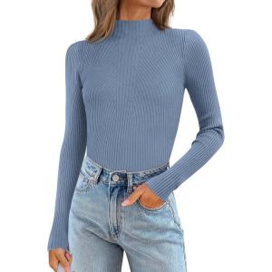 imageATHMILE Womens 2026 Fall Long Sleeve Pullover Ribbed Knit Sweater Low Mock Neck Slim Fit Basic Casual Tee TopsDusty Blue