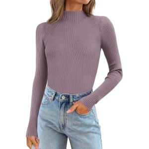 imageATHMILE Womens 2026 Fall Long Sleeve Pullover Ribbed Knit Sweater Low Mock Neck Slim Fit Basic Casual Tee TopsGray Purple