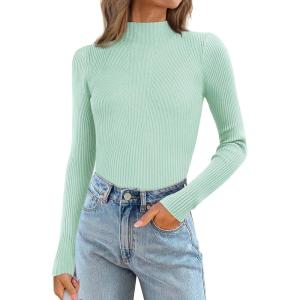 imageATHMILE Womens 2026 Fall Long Sleeve Pullover Ribbed Knit Sweater Low Mock Neck Slim Fit Basic Casual Tee TopsMint Green