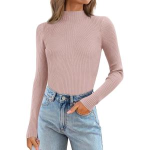 imageATHMILE Womens 2026 Fall Long Sleeve Pullover Ribbed Knit Sweater Low Mock Neck Slim Fit Basic Casual Tee TopsPink