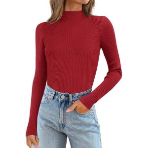 imageATHMILE Womens 2026 Fall Long Sleeve Pullover Ribbed Knit Sweater Low Mock Neck Slim Fit Basic Casual Tee TopsRed
