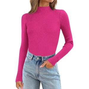 imageATHMILE Womens 2026 Fall Long Sleeve Pullover Ribbed Knit Sweater Low Mock Neck Slim Fit Basic Casual Tee TopsRose Red