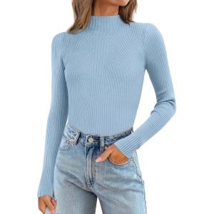 imageATHMILE Womens 2026 Fall Long Sleeve Pullover Ribbed Knit Sweater Low Mock Neck Slim Fit Basic Casual Tee TopsSky Blue
