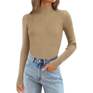 imageATHMILE Womens 2026 Fall Long Sleeve Pullover Ribbed Knit Sweater Low Mock Neck Slim Fit Basic Casual Tee TopsToffee