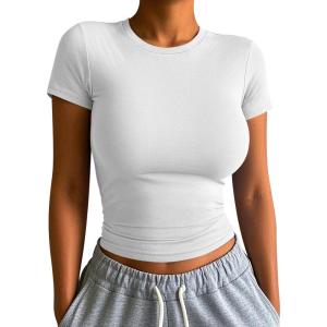 imageATHMILE Womens Basic TShirts Going Out Crop Tops Tight Slim Fit Cute Teen Girls Short SleeveLong Sleeve Y2k Clothes1white