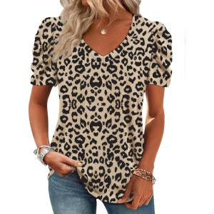 imageATHMILE Womens Blouse Dressy Casual V Neck Puff Short Sleeve Tshirts Boho Fashion Summer Spring Tunic Top ClothesLeopard