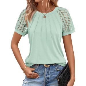 imageATHMILE Womens Blouses Short Sleeve Tops Spring Summer Fall Work Dressy Casual Business Date Outfits Lace Shirts 2026Mint Green