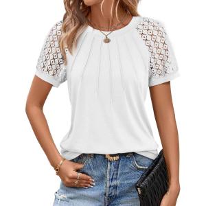imageATHMILE Womens Blouses Short Sleeve Tops Spring Summer Fall Work Dressy Casual Business Date Outfits Lace Shirts 2026White