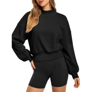 imageATHMILE Womens Cropped Sweatshirts Oversized Turtleneck Long Sleeve Tops 2026 Spring Winter Loose Pullover Teen Girls ClothesBlack