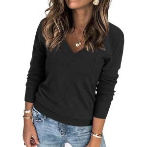 imageATHMILE Womens Fall Tops 2026 Fashion Trendy Pullover Sweater V Neck Long Sleeve Shirt Knit Blouse Clothes OutfitsBlack