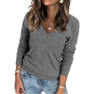 imageATHMILE Womens Fall Tops 2026 Fashion Trendy Pullover Sweater V Neck Long Sleeve Shirt Knit Blouse Clothes OutfitsGrey