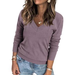 imageATHMILE Womens Fall Tops 2026 Fashion Trendy Pullover Sweater V Neck Long Sleeve Shirt Knit Blouse Clothes OutfitsGrey Purple