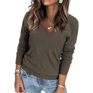 imageATHMILE Womens Fall Tops 2026 Fashion Trendy Pullover Sweater V Neck Long Sleeve Shirt Knit Blouse Clothes OutfitsLight Brown