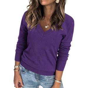 imageATHMILE Womens Fall Tops 2026 Fashion Trendy Pullover Sweater V Neck Long Sleeve Shirt Knit Blouse Clothes OutfitsPurple