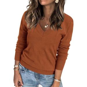 imageATHMILE Womens Fall Tops 2026 Fashion Trendy Pullover Sweater V Neck Long Sleeve Shirt Knit Blouse Clothes OutfitsRust