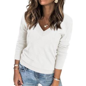 imageATHMILE Womens Fall Tops 2026 Fashion Trendy Pullover Sweater V Neck Long Sleeve Shirt Knit Blouse Clothes OutfitsWhite