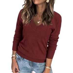 imageATHMILE Womens Fall Tops 2026 Fashion Trendy Pullover Sweater V Neck Long Sleeve Shirt Knit Blouse Clothes OutfitsWine Red