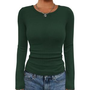 imageATHMILE Womens Long Sleeve CrewneckV Neck Ribbed Tops Fall Fitted Stretch Casual Basic T Shirts 2026Adark Green