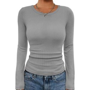 imageATHMILE Womens Long Sleeve CrewneckV Neck Ribbed Tops Fall Fitted Stretch Casual Basic T Shirts 2026Agrey