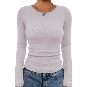 imageATHMILE Womens Long Sleeve CrewneckV Neck Ribbed Tops Fall Fitted Stretch Casual Basic T Shirts 2026Alight Purple