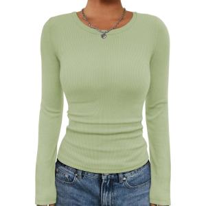 imageATHMILE Womens Long Sleeve CrewneckV Neck Ribbed Tops Fall Fitted Stretch Casual Basic T Shirts 2026Amint Green