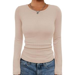 imageATHMILE Womens Long Sleeve CrewneckV Neck Ribbed Tops Fall Fitted Stretch Casual Basic T Shirts 2026Apeach