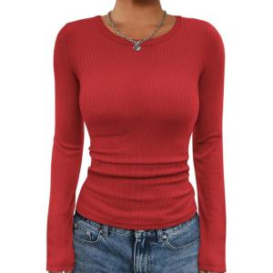 imageATHMILE Womens Long Sleeve CrewneckV Neck Ribbed Tops Fall Fitted Stretch Casual Basic T Shirts 2026Ared