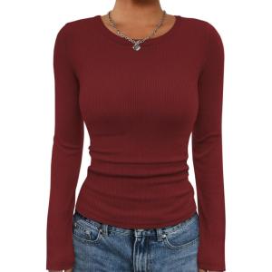 imageATHMILE Womens Long Sleeve CrewneckV Neck Ribbed Tops Fall Fitted Stretch Casual Basic T Shirts 2026Awine Red
