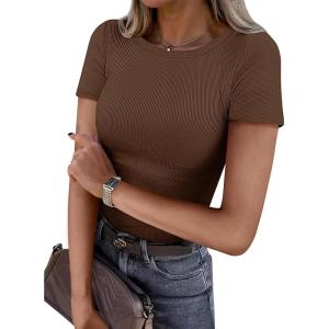 imageATHMILE Womens Long Sleeve CrewneckV Neck Ribbed Tops Fall Fitted Stretch Casual Basic T Shirts 2026Bbrown