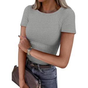 imageATHMILE Womens Long Sleeve CrewneckV Neck Ribbed Tops Fall Fitted Stretch Casual Basic T Shirts 2026Bheather Grey