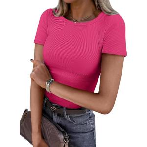 imageATHMILE Womens Long Sleeve CrewneckV Neck Ribbed Tops Fall Fitted Stretch Casual Basic T Shirts 2026Bhot Pink