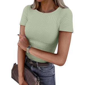 imageATHMILE Womens Long Sleeve CrewneckV Neck Ribbed Tops Fall Fitted Stretch Casual Basic T Shirts 2026Bsage Green