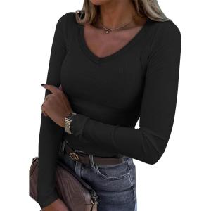 imageATHMILE Womens Long Sleeve CrewneckV Neck Ribbed Tops Fall Fitted Stretch Casual Basic T Shirts 2026Vblack