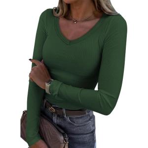 imageATHMILE Womens Long Sleeve CrewneckV Neck Ribbed Tops Fall Fitted Stretch Casual Basic T Shirts 2026Vdark Green
