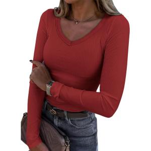 imageATHMILE Womens Long Sleeve CrewneckV Neck Ribbed Tops Fall Fitted Stretch Casual Basic T Shirts 2026Vdark Red