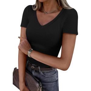 imageATHMILE Womens Long Sleeve CrewneckV Neck Ribbed Tops Fall Fitted Stretch Casual Basic T Shirts 2026Vneckblack