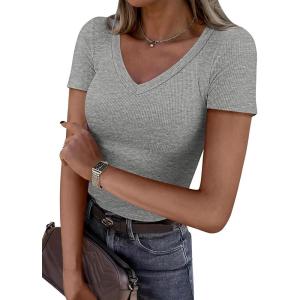 imageATHMILE Womens Long Sleeve CrewneckV Neck Ribbed Tops Fall Fitted Stretch Casual Basic T Shirts 2026Vneckheather Grey