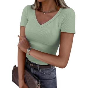 imageATHMILE Womens Long Sleeve CrewneckV Neck Ribbed Tops Fall Fitted Stretch Casual Basic T Shirts 2026Vnecksage Green