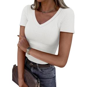 imageATHMILE Womens Long Sleeve CrewneckV Neck Ribbed Tops Fall Fitted Stretch Casual Basic T Shirts 2026Vneckwhite