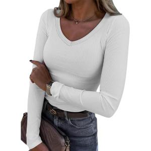 imageATHMILE Womens Long Sleeve CrewneckV Neck Ribbed Tops Fall Fitted Stretch Casual Basic T Shirts 2026Vwhite