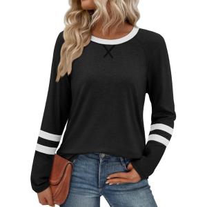 imageATHMILE Womens Long Sleeve Shirts Color Block Casual Crewneck Tops Tshirt Basic Tee Fall Fashion Clothes Trendy Outfits 2026Black