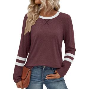 imageATHMILE Womens Long Sleeve Shirts Color Block Casual Crewneck Tops Tshirt Basic Tee Fall Fashion Clothes Trendy Outfits 2026Winered