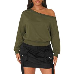 imageATHMILE Womens Off the Shoulder Fleece Sweatshirts Sexy Oversized Pullover Tops Casual Long Sleeve Spring Fall Outfits 2026Army Green