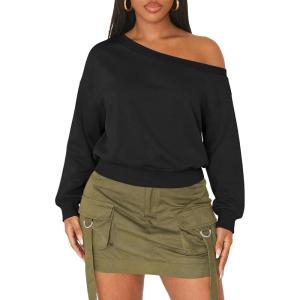 imageATHMILE Womens Off the Shoulder Fleece Sweatshirts Sexy Oversized Pullover Tops Casual Long Sleeve Spring Fall Outfits 2026Black