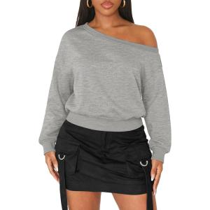 imageATHMILE Womens Off the Shoulder Fleece Sweatshirts Sexy Oversized Pullover Tops Casual Long Sleeve Spring Fall Outfits 2026Gray
