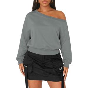 imageATHMILE Womens Off the Shoulder Fleece Sweatshirts Sexy Oversized Pullover Tops Casual Long Sleeve Spring Fall Outfits 2026Gray Blue