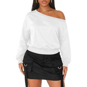 imageATHMILE Womens Off the Shoulder Fleece Sweatshirts Sexy Oversized Pullover Tops Casual Long Sleeve Spring Fall Outfits 2026White