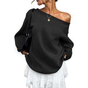 imageATHMILE Womens Off the Shoulder Sweatshirts Fleece Lined Long Sleeve Pullover Tops Oversized Sweater Basic Slouchy ClothesBlack