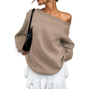 imageATHMILE Womens Off the Shoulder Sweatshirts Fleece Lined Long Sleeve Pullover Tops Oversized Sweater Basic Slouchy ClothesCoffeegrey