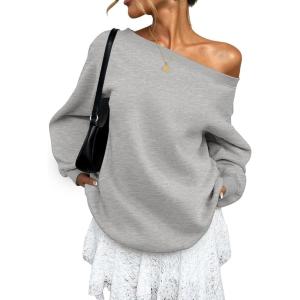 imageATHMILE Womens Off the Shoulder Sweatshirts Fleece Lined Long Sleeve Pullover Tops Oversized Sweater Basic Slouchy ClothesGrey